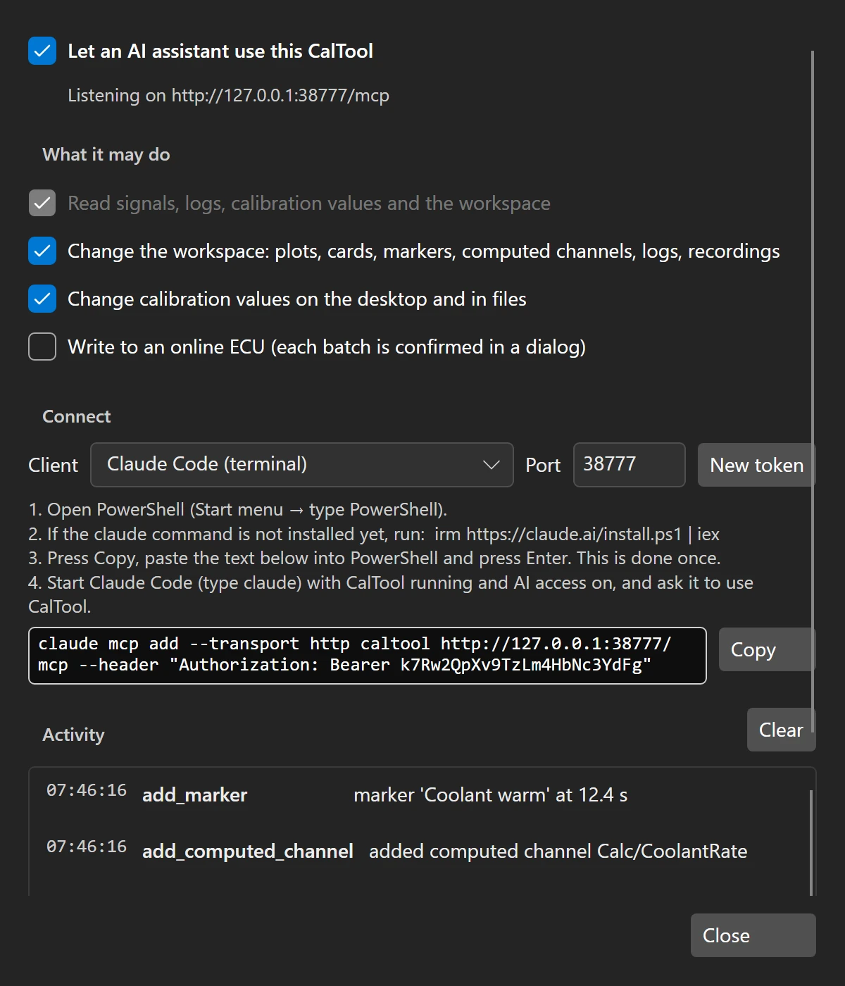 The CalTool AI access dialog: the switch, the three permissions, the client picker with its connection text, and the list of the assistant’s requests