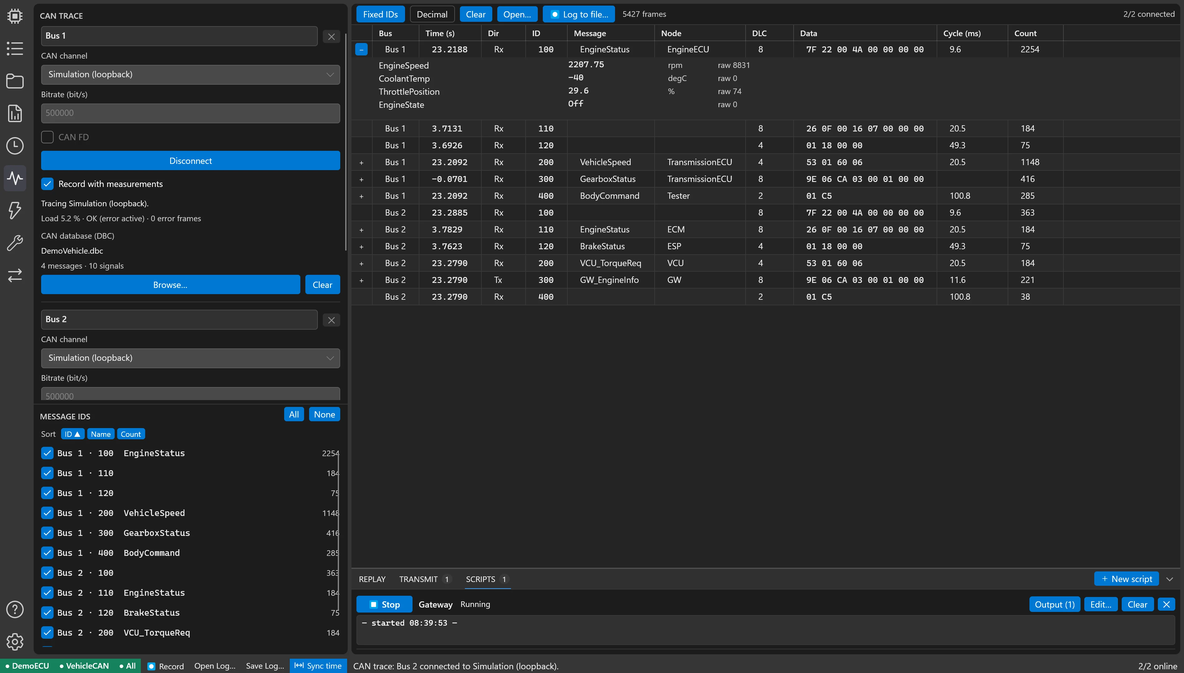The CalTool CAN trace with two buses and a script