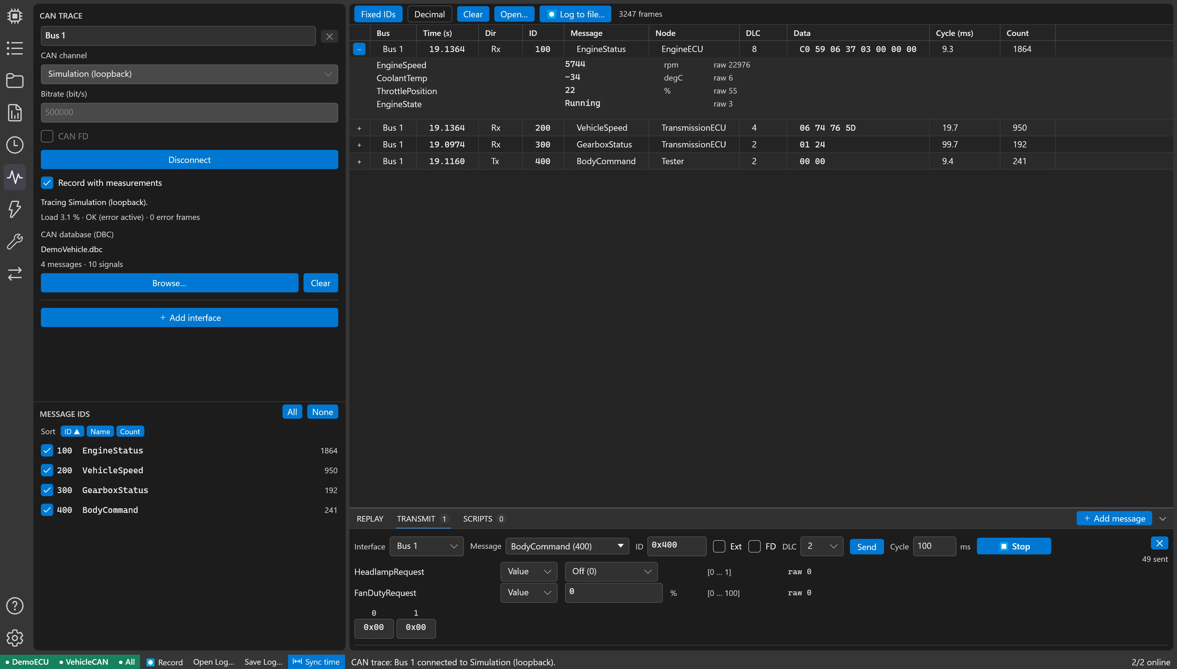 The CalTool CAN trace