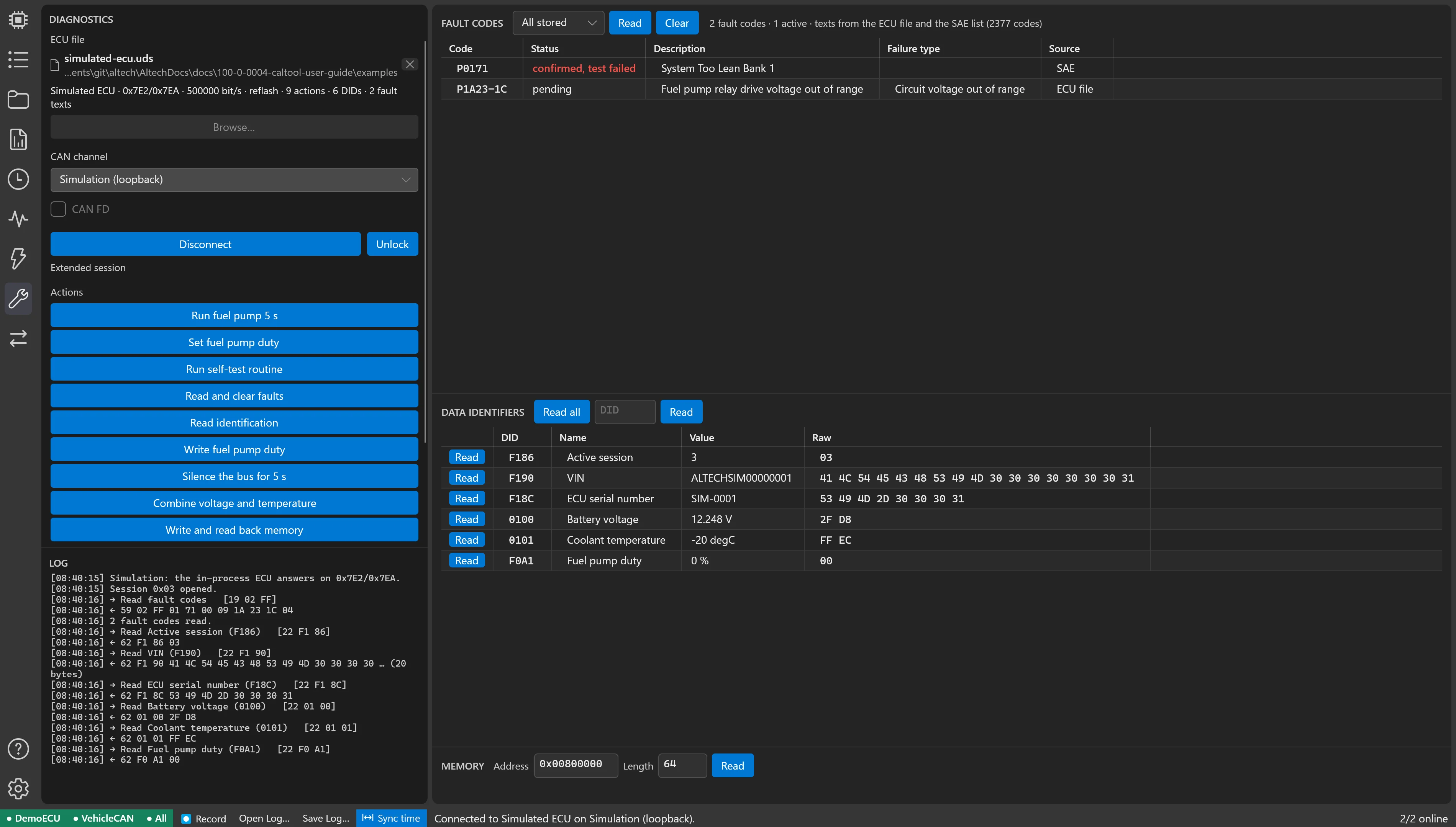 The CalTool Diagnostics pane