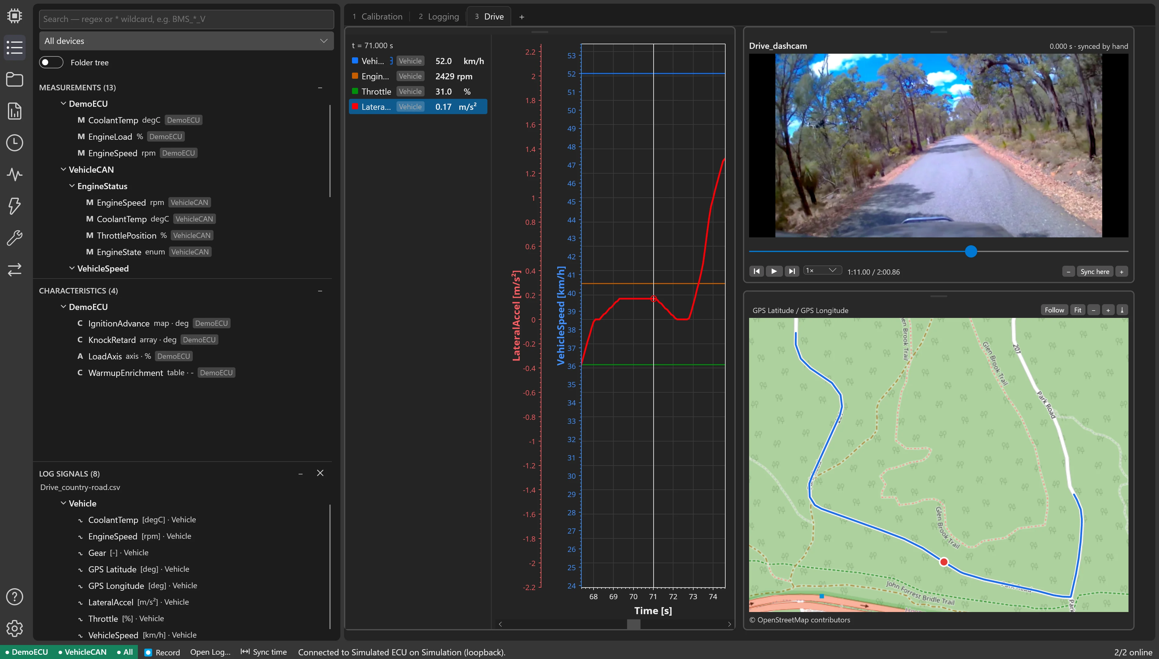 CalTool with a drive log, its video and its GPS track