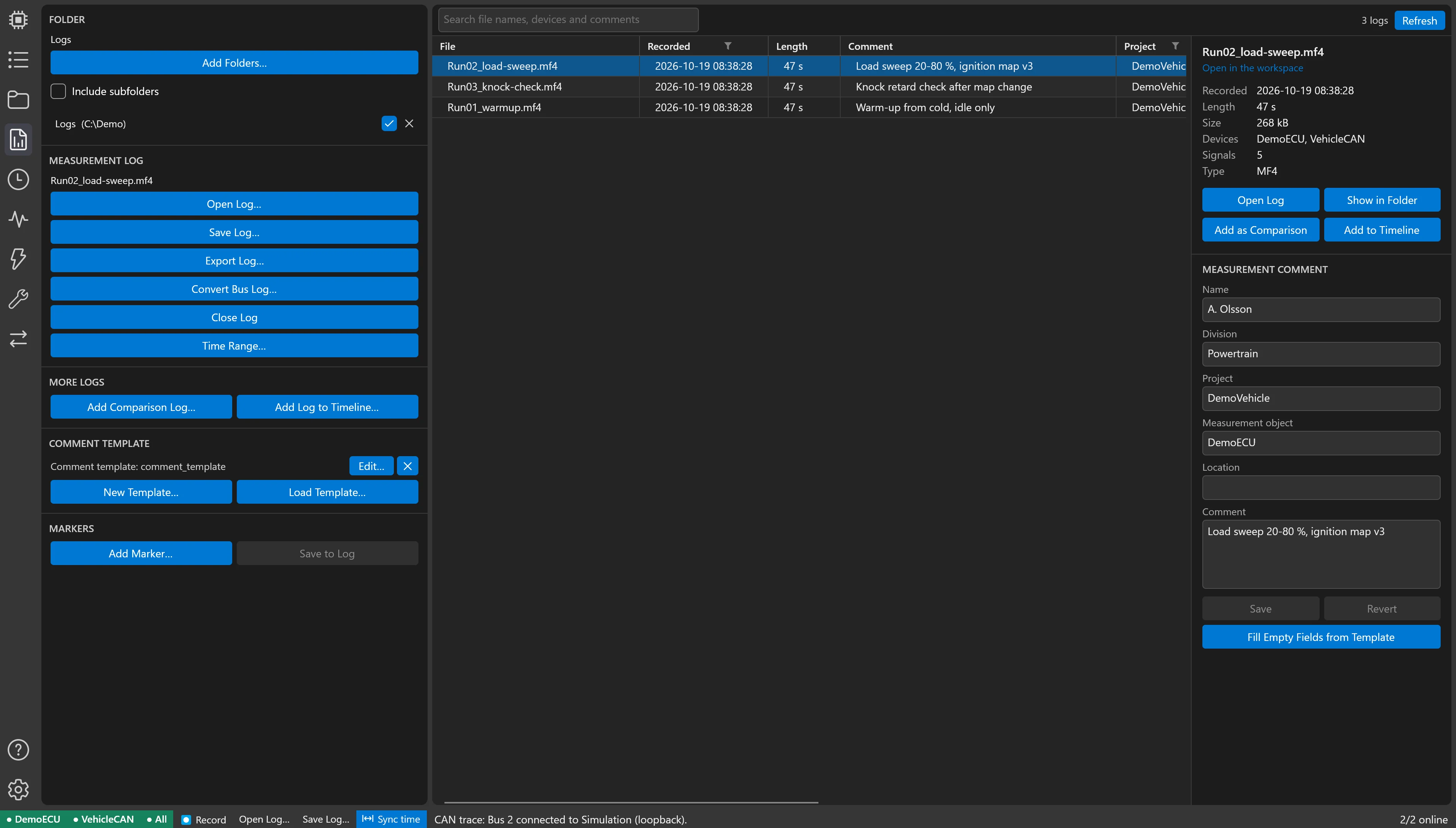 The CalTool Logs pane